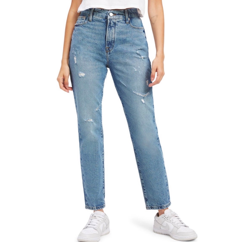 New Good American Good Classic Distressed Denim Slim Straight Jeans Size 0